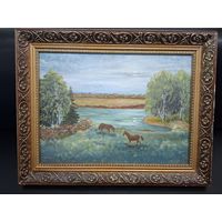 Картина живопись,масло. (двп/дсп). Художник Дьяконов М.Н. Пара лошадей у пруда. 1998г
