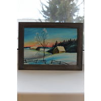 Картина в интерьер "Зимний хуторок" акрил,двп.