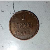 1 пенни 1915 года Финляндия. Император Николай 2. Очень красивая монета! Шикарная родная патина!