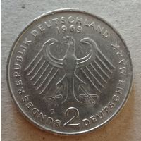 Германия 2 марки, 1969 Конрад Аденауэр, 20 лет Федеративной Республике (1949-1969) Отметка монетного двора: "G" - Карлсруэ, KM# 124