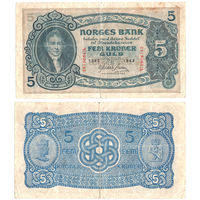 НОРВЕГИЯ 5 Крон 1943 г., P-7c (Вильгельм Кристи - 1-й Председатель Парламента)