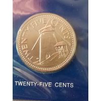 25. Распродажа. Барбадос 25 центов 1974 г. Редкая!!! Тираж 3 708! Из набора. ВUNC!