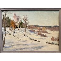Бржозовский Г.Ф "Белорусский зимний пейзаж", 1947г. Картон, масло. Размер с рамой 74,5х54,5 см.