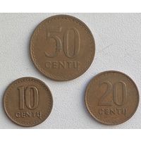 Литва 10, 20, 50 центов 1991 г. Набор 3 монеты.