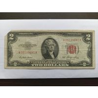 США 2 $ красная печать 1953 (обрезан угол)