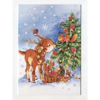 Открытка. С новым годом! Ёлочка. Фауна. Животные. Олень, Оленёнок, белочка, ёжик, мышка, подарки. Худ. Е. Фаенкова (чистая)