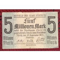 Банкнота 5 миллионов марок 1923 год. Фюрт. Веймарская республика. С рубля без МЦ