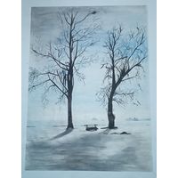 Картина зима пейзаж акварель природа деревья