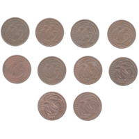 Королевство Новая Зеландия. 2 цента 1967, 1969, 1971, 1972, 1973, 1974, 1981, 1982, 1983, 1985. Цветок коухай (софора). 2-й тип портрета Королевы. Цена за одну монету.