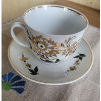 Чайная пара "Золотые хризантемы", ручная роспись, Барановка.