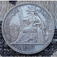 Французский Индо-Китай 1 пиастр 1907 года. Герб. Серебро! Индокитай. Сторгуй за свою цену, предложи обмен! Y200