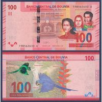 Боливия, 100 боливиано 2019 г., P-W251(1) (A, революционеры Хуана Азурдуй, Алехо Калатаюд, Антонио Хосе де Сукре; синий попугай), UNC