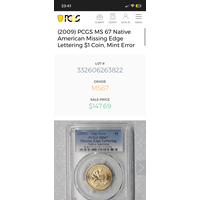 Доллар 2009 pcgs ms 67 брак ! редкая вещь! (царапки на слабе )в ярком шб!