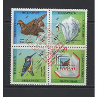Фауна птицы Беларусь 1993 квартблок надпечатка "Ибра-1999" Всемирная филателистическая выставка в Нюрнберге