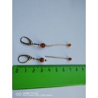 Серебрянные Серьги серебро позолота натуральный янтарь самая привлекательная цена трёхдневный аукцион