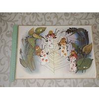 Плакат детский СССР, учебное счетное пособие СССР, паучек, паутина. Паучки, вышивающие цветочки.Киев, 1989