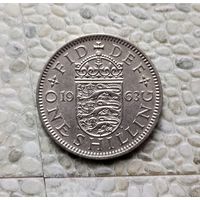 1 шиллинг 1963 года Великобритания. Королева Елизавета 2. Английский герб-3 Льва внутри коронованного щита.