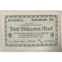 Банкнота 5 миллиардов марок. Пассау. 1923 год. Веймарская республика. С рубля без МЦ.