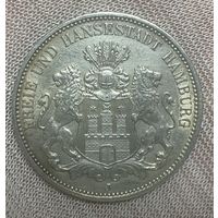 Монета 3 марки 1911 год. Гамбург. Германская империя. Серебро