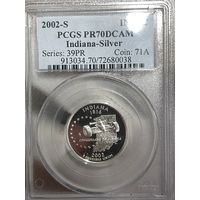 25 центов 2002 -s штат индиана pcgs pf 70 dcam высшая оценка !! очень красивая серебряная монета с рубля !