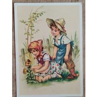 Мальчик, девочка и божбя коровка. Германия. 1950-е. Подписана.