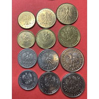 Польша 12 монет, 1,2,5,10,20,50 грошей старый и новый тип