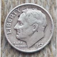 США 10 центов 1952 года, D. Дайм. Франклин Делано Рузвельт. Серебро! Сторгуй за свою цену, предложи обмен!