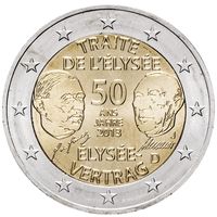 2 евро 2013 Германия 50 лет подписания Елисейского договора дворы A G F D J UNC из ролла на выбор