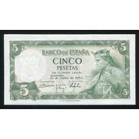 Испания. 5 песет 1954 года. P146. Серия M. UNC