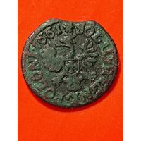 Солид (боратинка) 1661 г. польский герб, Ян II Казимир(3). Средняя голова, ночная цапля слева, отметка МД- "TLB",; без мц.