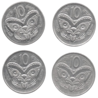 Королевство Новая Зеландия. 10 центов 1987, 1988, 1989, 1997. Маори коруру (резная маска). 3-й тип портрета. Цена за одну монету.