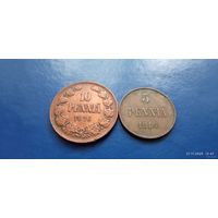 10 и 5 пенни 1916 год Российская Финляндия (Состояние на фото,в лоте 2 монеты)