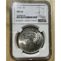 США. 1 доллар 1922. Мирный $. NGC MS 63.