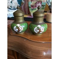Старинные солонка и перечница, эмаль, редкость