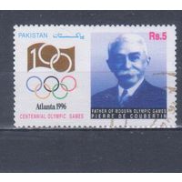 [700] Пакистан 1996. Спорт.Летние Олимпийские игры.Пьер Кубертен. Гашеная марка.
