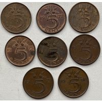 Нидерланды 5 центов 1976, 1980 гг. Цена за 1 шт.