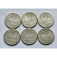 Монеты СЕРЕБРО Польша (6 шт) 2 злотых 1933-1934 год Ядвига