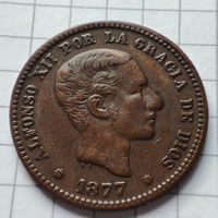 5 сентимо Испания 1877г. Король Альфонсо 12.