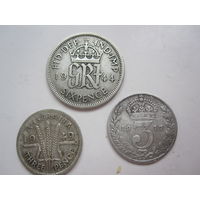 Серебряные монеты 3 пенса 1917г.Великобритании,3 пенса 1949г.Австралии и 6 пенсов 1944г. Великобритании.