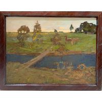 Данелия П.А;1983г;Х/М"Этюд с рекой и лошадками"; Размер 41х55см.