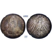 3 марки 1913 г. Е. 100-летие битвы при Лейпциге "Битва народов", 16–18 октября 1813. Саксония. Германия. NGC MS 63. Серебро. КМ# 1275