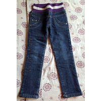 Джинсы синие на резинке 4.5-6лет (р.98-110см), б.у, теплые