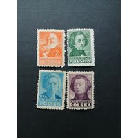 Польша 1947 Четыре марки из серии "Польская культура" (чистые* на одной есть наклейка) Mi.464А-465А,468А,470А каталог 5.20 евро