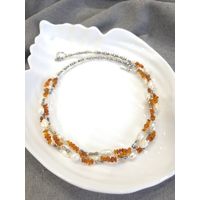 Колье трехрядное с натуральным янтарем и жемчугом