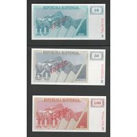 Словения набор банкнот от 1 до 100 толар 1990 года. Образцы. Типы Р-1,Р-2,Р-3,Р-4,Р-5,Р-6. Состояние UNC