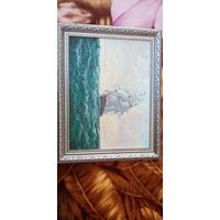 Картина парусник. Масло. Холст. Рамка. 40 на 30