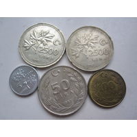 Не частые монеты Турции 5шт. без повтора.