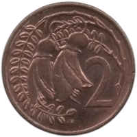 Королевство Новая Зеландия. 2 цента 1987. Цветок коухай (софора). 3-й тип портрета Королевы. Нечастая.