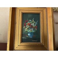Картина старинная Маки Ромашки масло Золотая рама Германия подпись художника