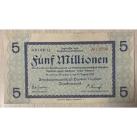 Банкнота 5 миллионов марок 1923 год. Дрезден. Веймарская республика.